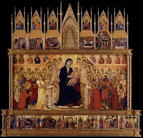 A recreation of Duccio di Bouninsegna’s Maesta altarpiece in Siena Cathedral. (The altar was dismembered and pieces of it dispersed.  Photo from Wikipedia Commons.
