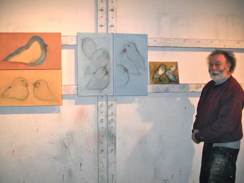 Baz in his studio, January 2014.  Since this was taken, the painting on the left has been changed....