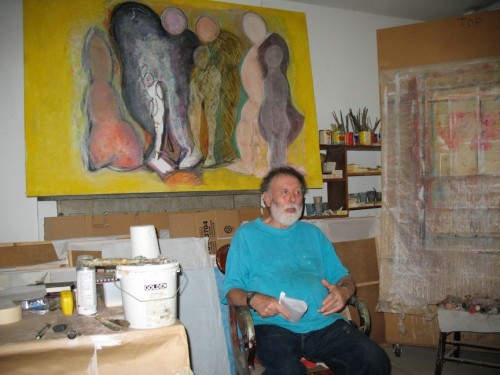 Baz in his studio. Just behind is one of his  "Looking for the Green Man"  paintings, 2012.